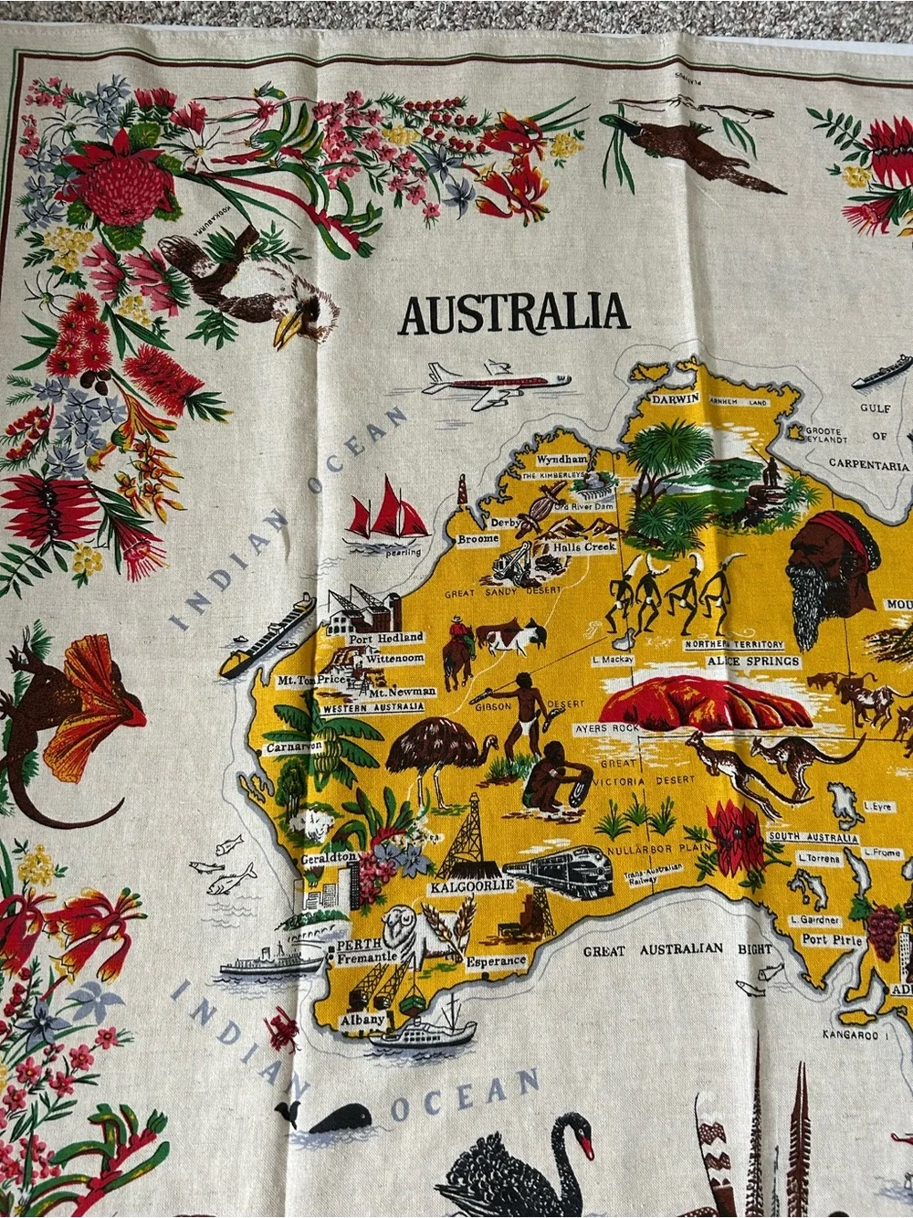 Leil Linen Vintage Australia Map Tapestry with Floral Border Kangaroo Kookaburra